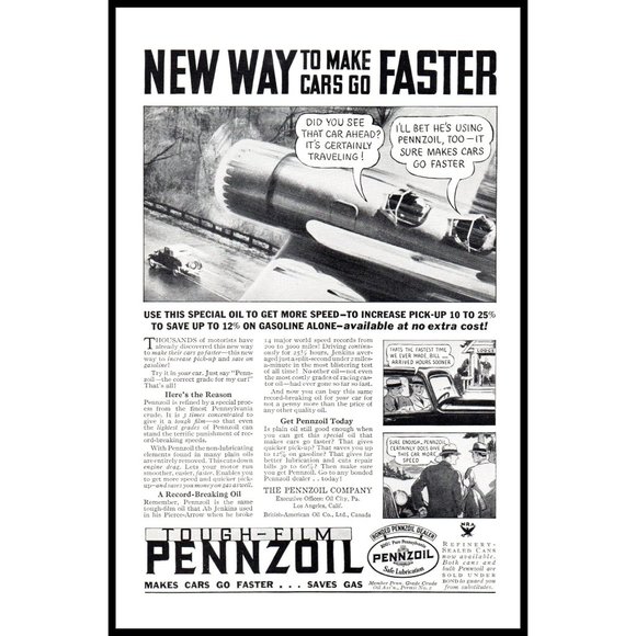 1934 Penzoil Motor Oil Vintage Print Ad Speeding Car Airplane Wall Art Drawing - Picture 1 of 1